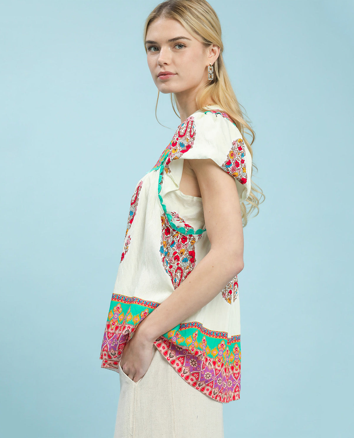 Umgee Slit Neck Print Top