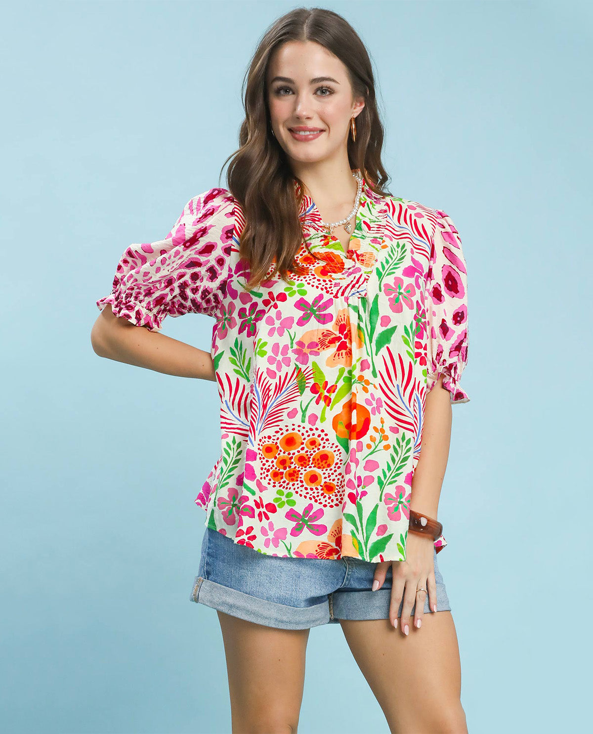 Umgee V-Neck Ruffle Trim Print Top Pink