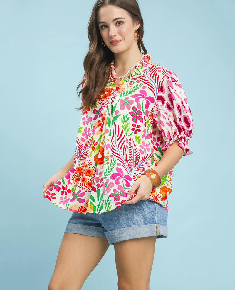 Umgee V-Neck Ruffle Trim Print Top Pink