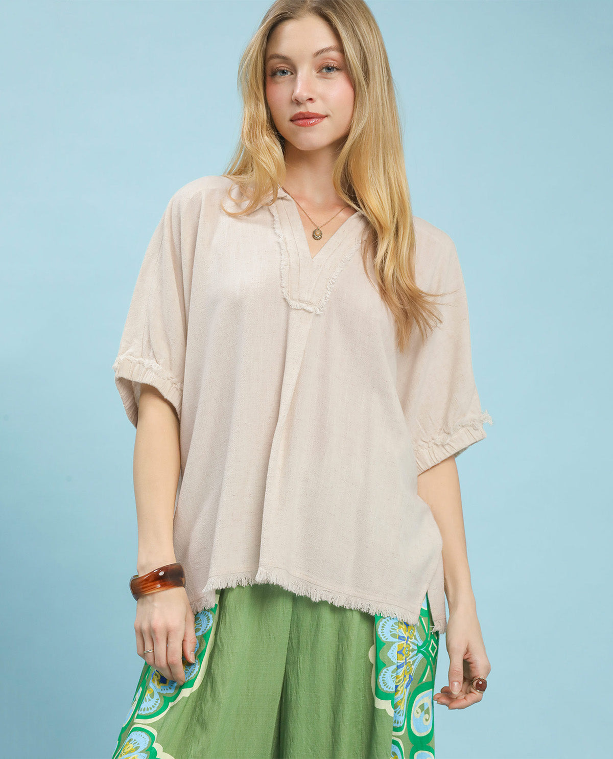 Umgee Solid Linen Top Oatmeal