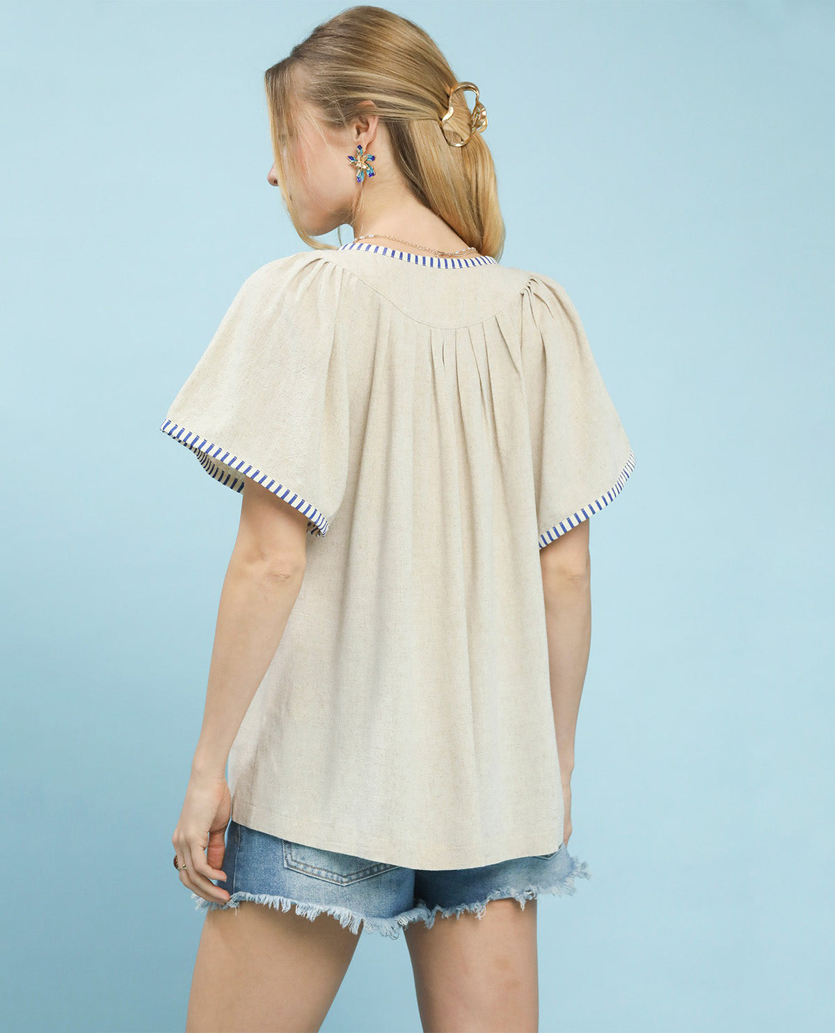 Umgee Babydoll Top With Stripe Contrast Oatmeal