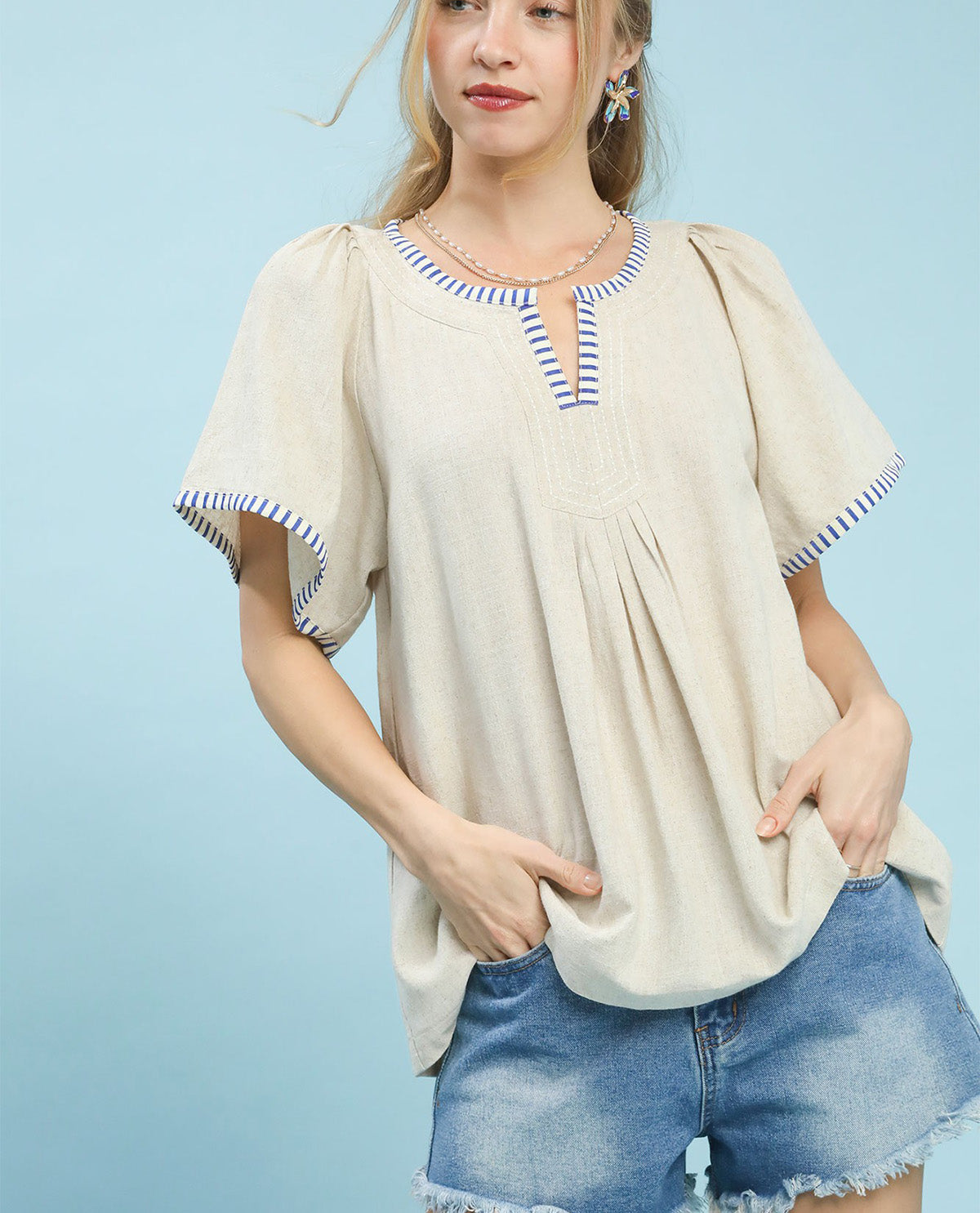 Umgee Babydoll Top With Stripe Contrast Oatmeal