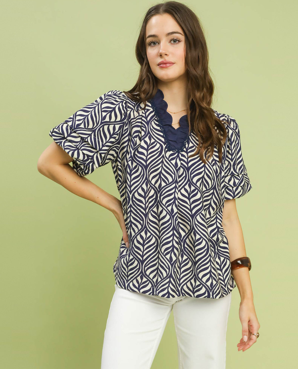 Umgee Botanical Print V-Neck Top Navy