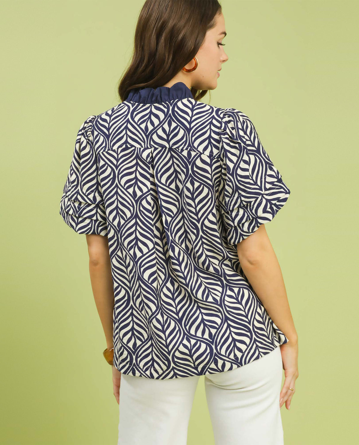 Umgee Botanical Print V-Neck Top Navy