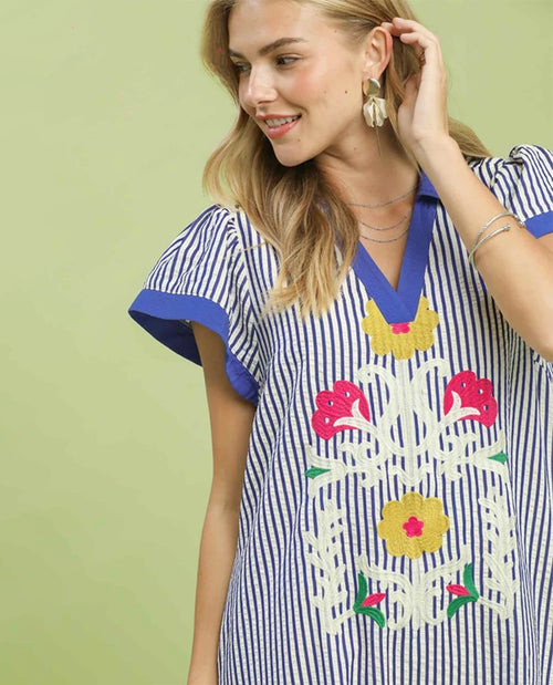 Umgee Embroidered Stripe Dress Blue
