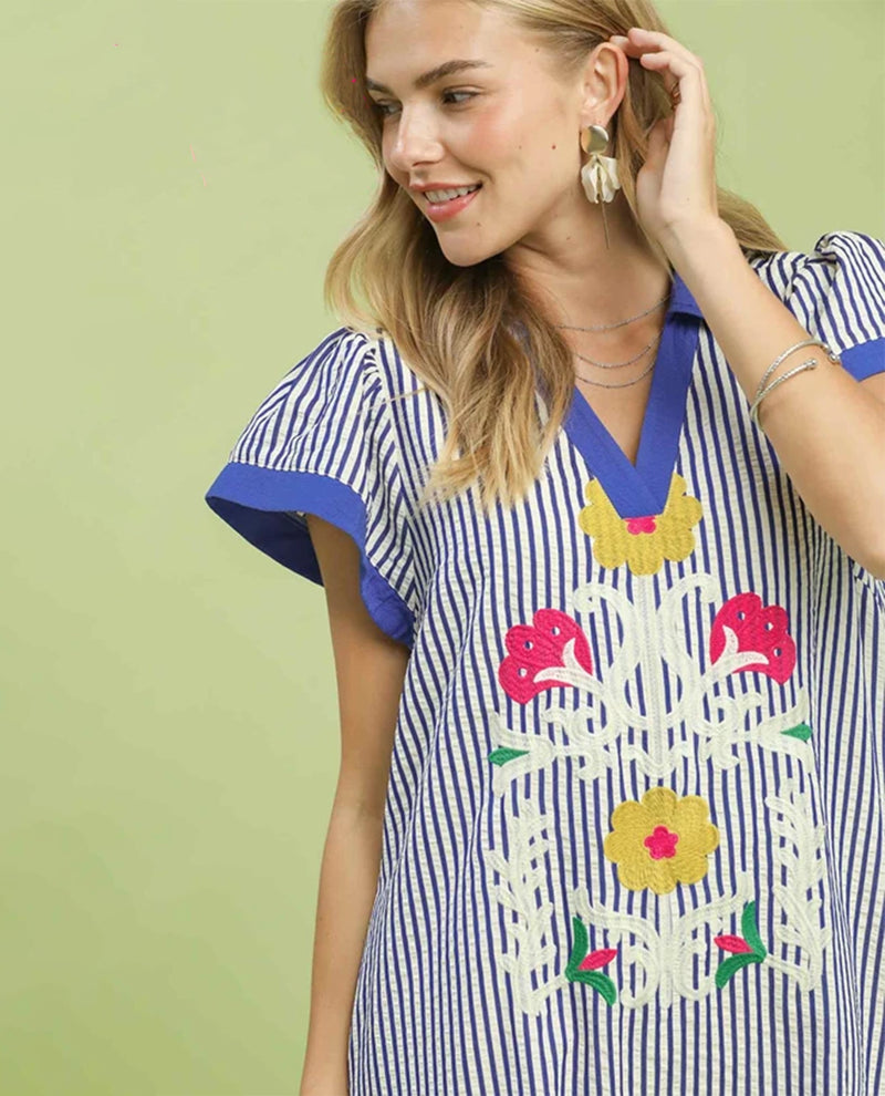 Umgee Embroidered Stripe Dress Blue
