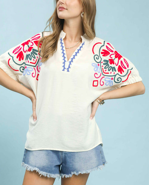 Umgee Embroidered Sleeve Top Cream