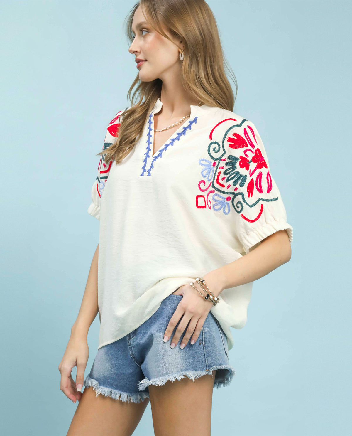 Umgee Embroidered Sleeve Top Cream