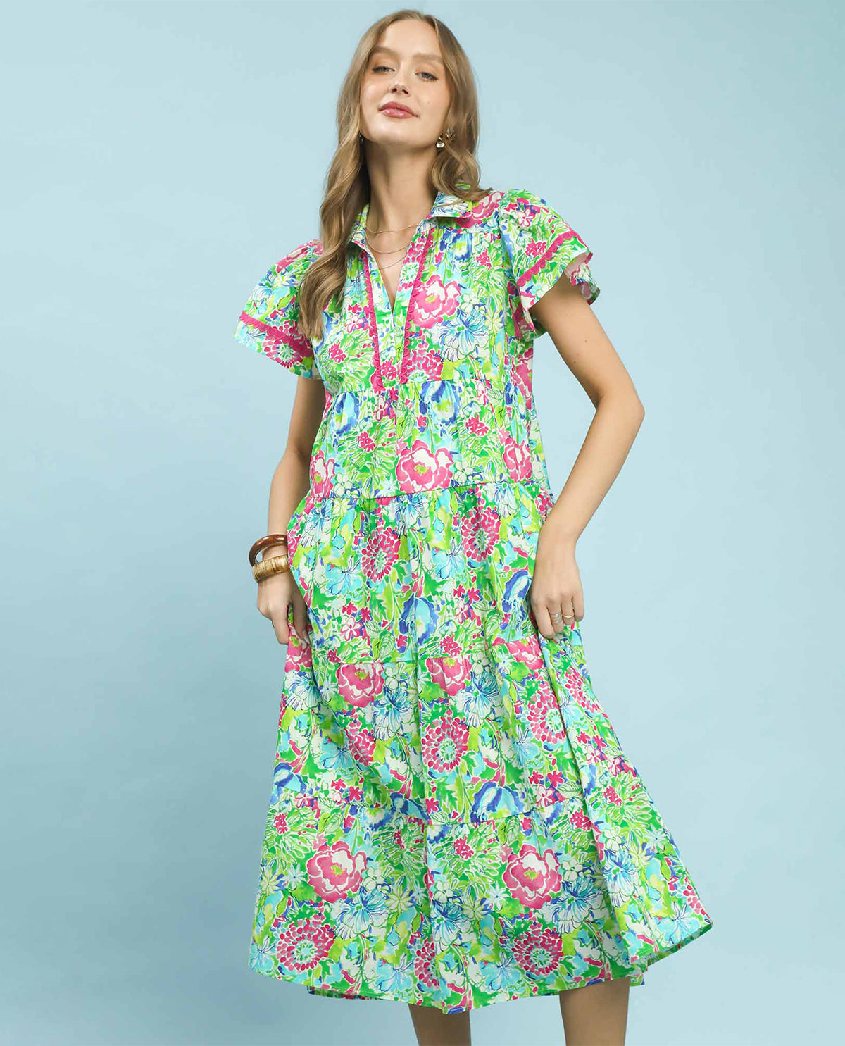 Umgee Print Tiered Dress Pink/Blue