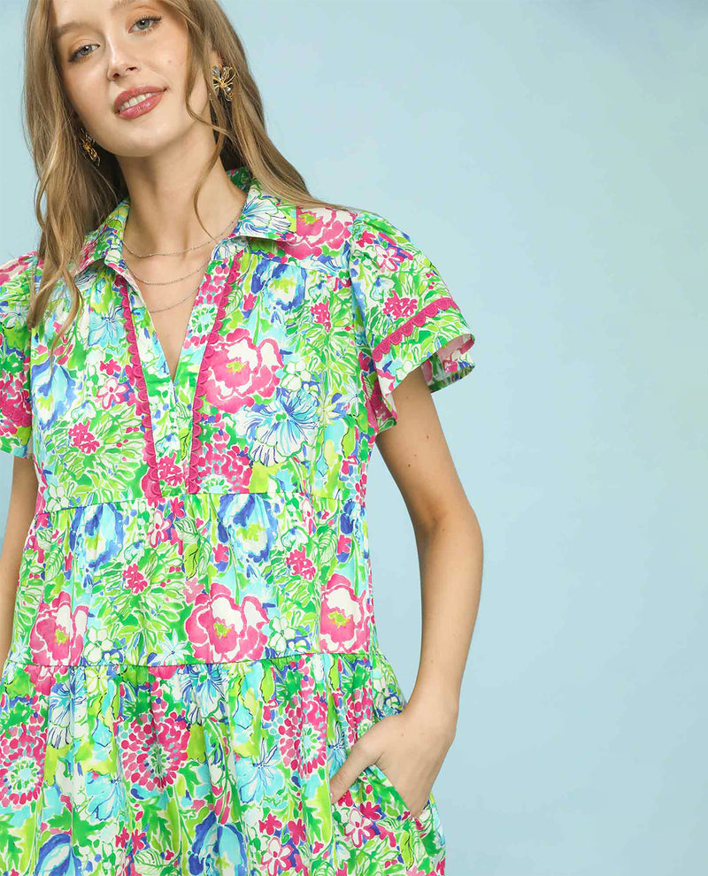 Umgee Print Tiered Dress Pink/Blue