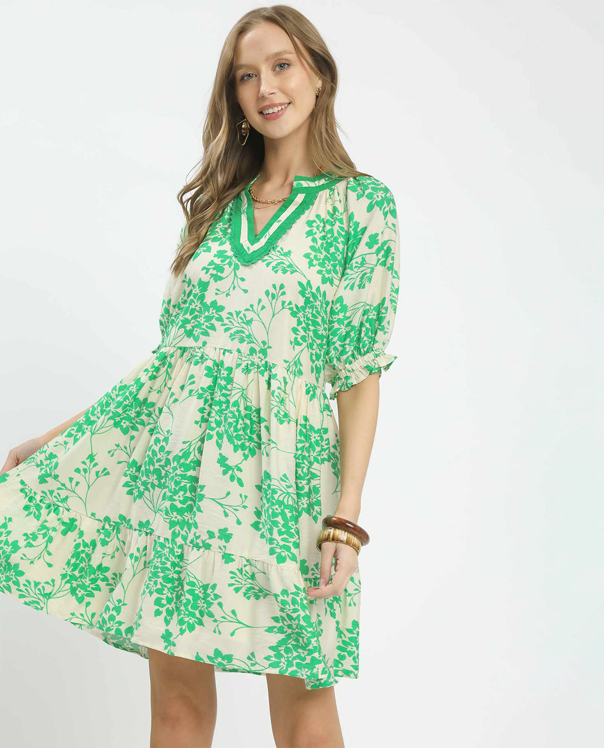 Umgee Print V-Neck Dress With Solid Trim Island Green