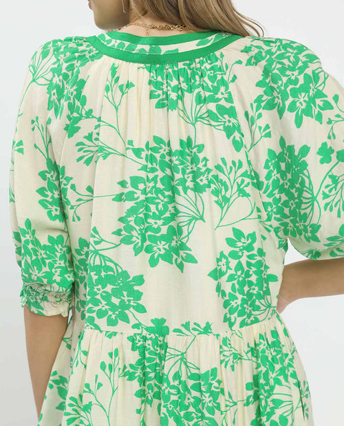 Umgee Print V-Neck Dress With Solid Trim Island Green