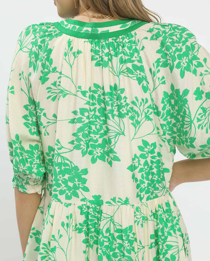 Umgee Print V-Neck Dress With Solid Trim Island Green