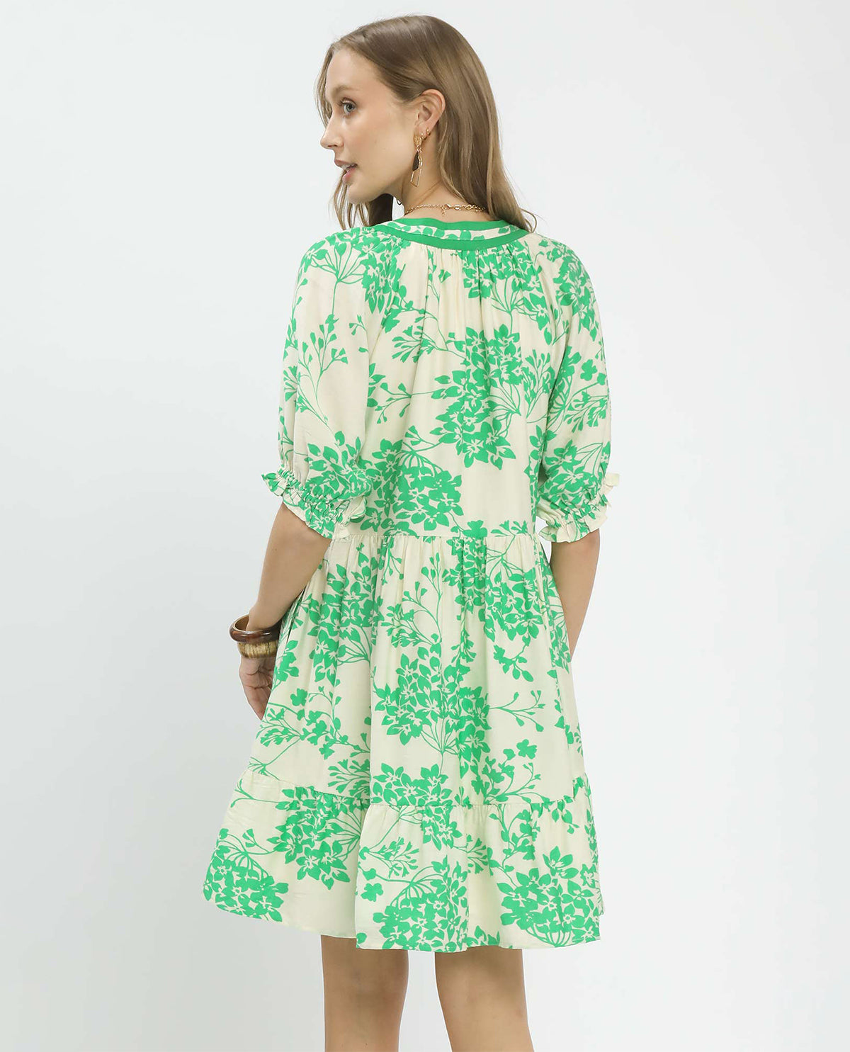 Umgee Print V-Neck Dress With Solid Trim Island Green