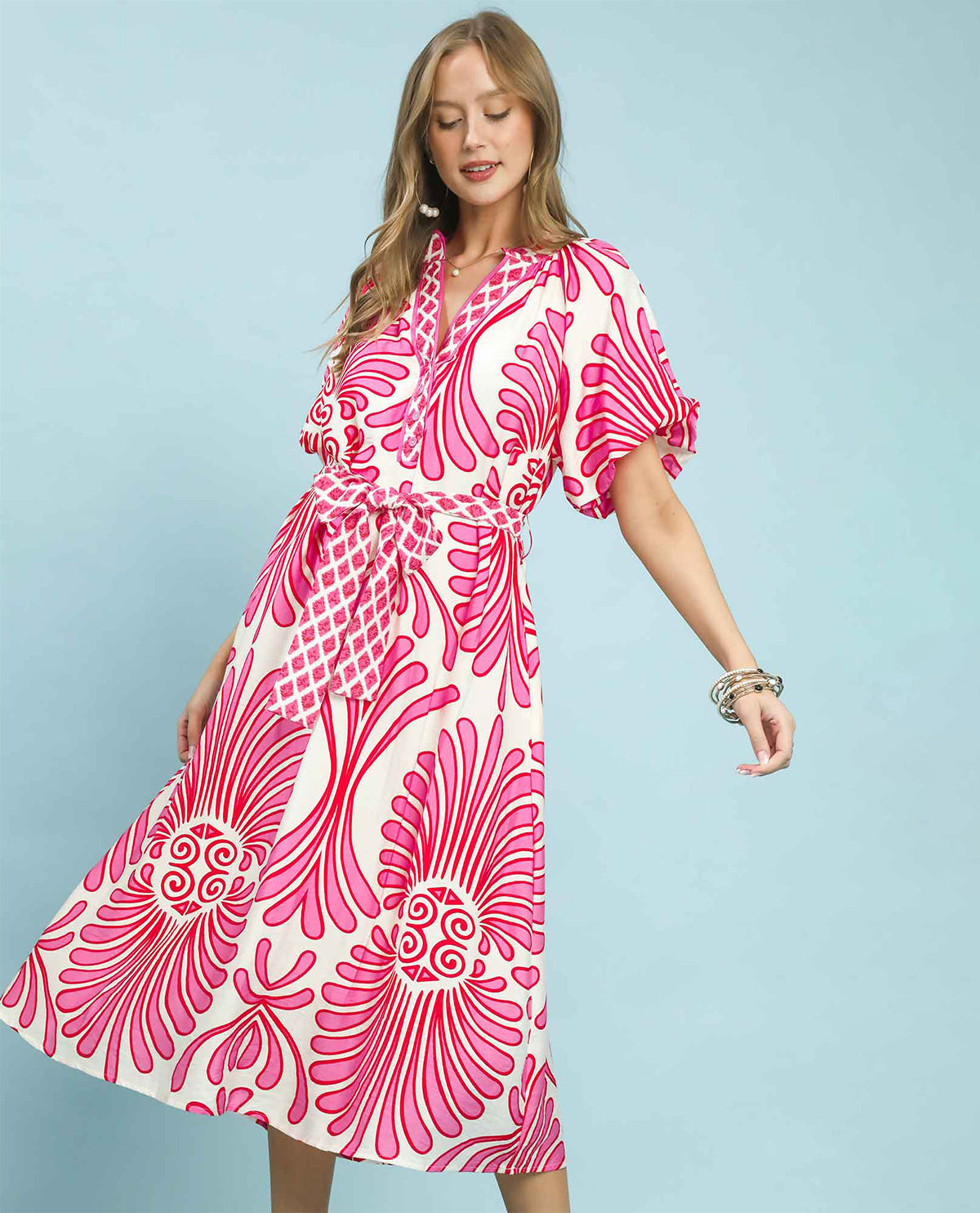 Umgee Geo Floral Tie Waist Dress Pink