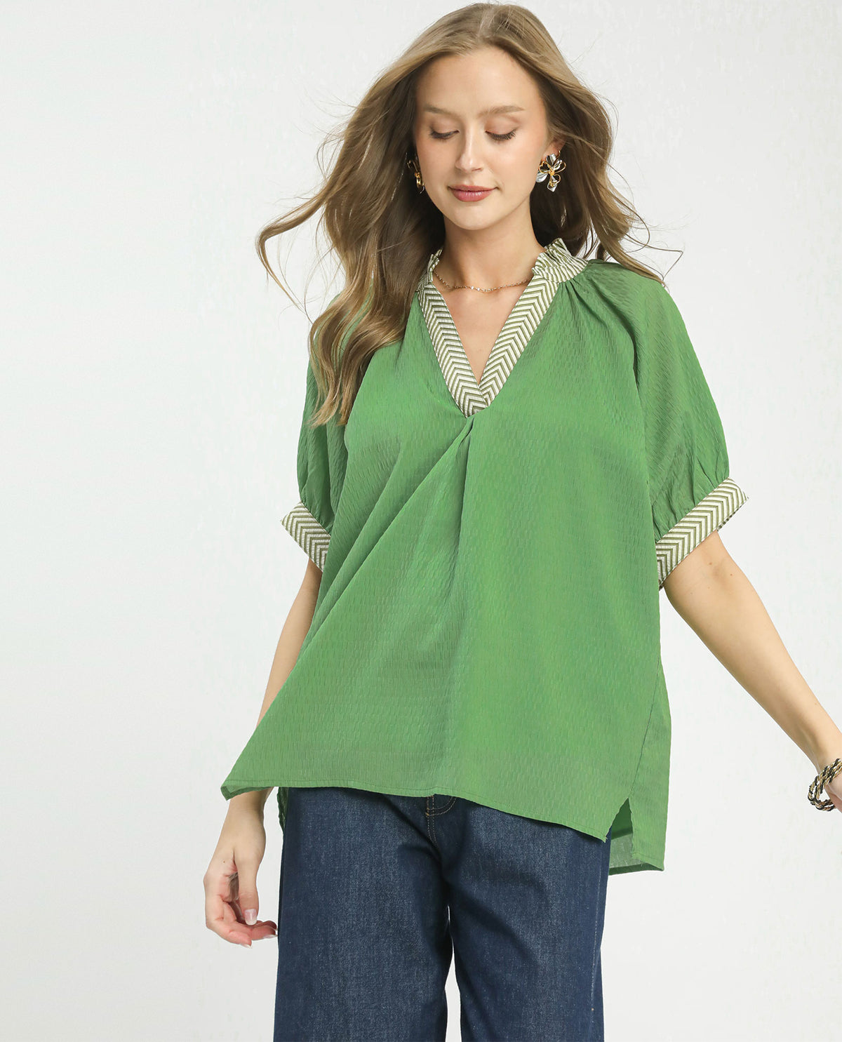 Umgee Solid V-Neck Top With Chevron Trim