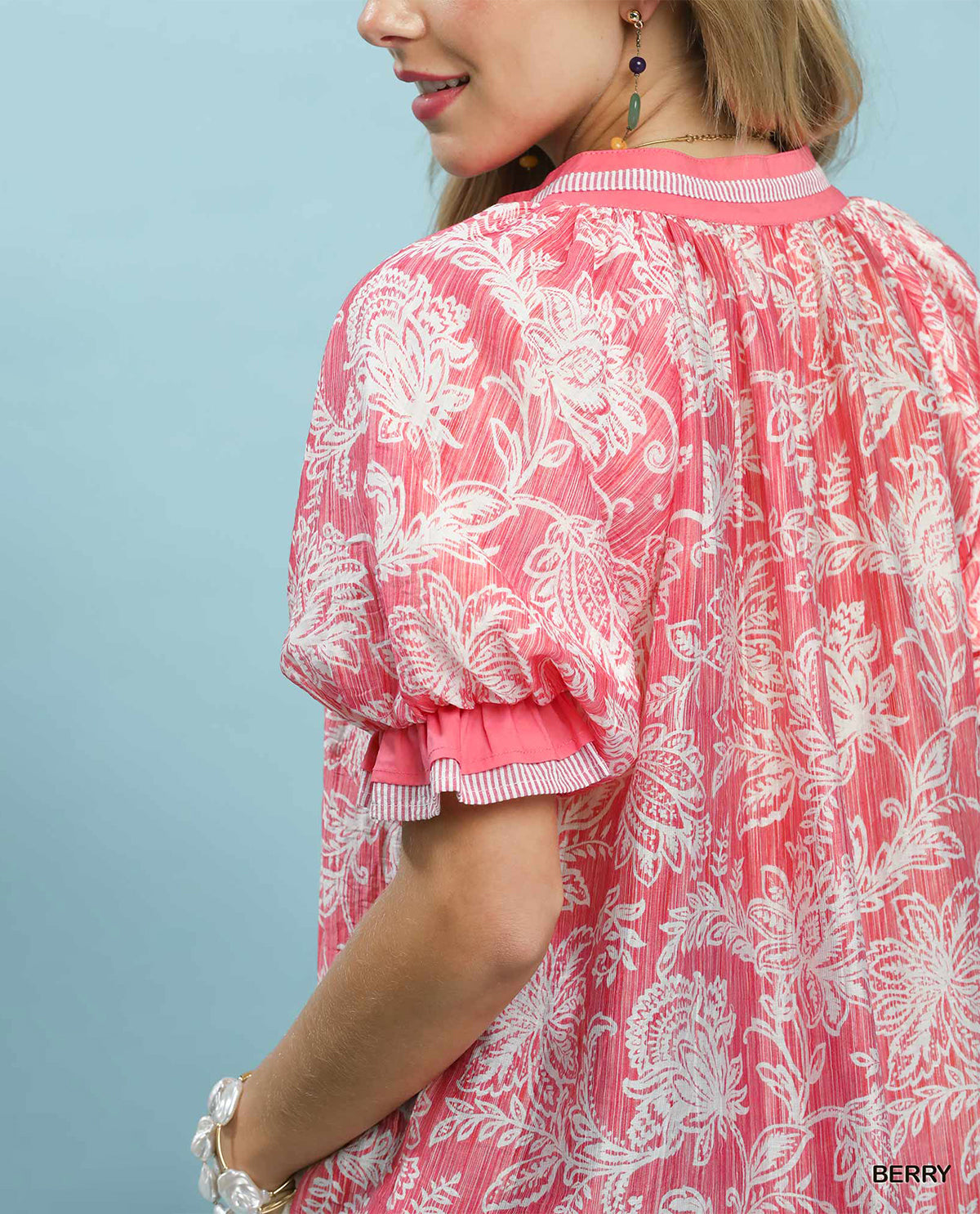 Umgee Floral Print Top With Solid Trim Berry