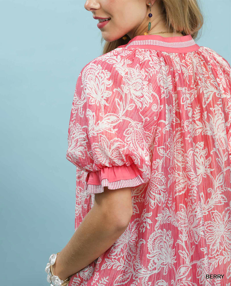 Umgee Floral Print Top With Solid Trim Berry