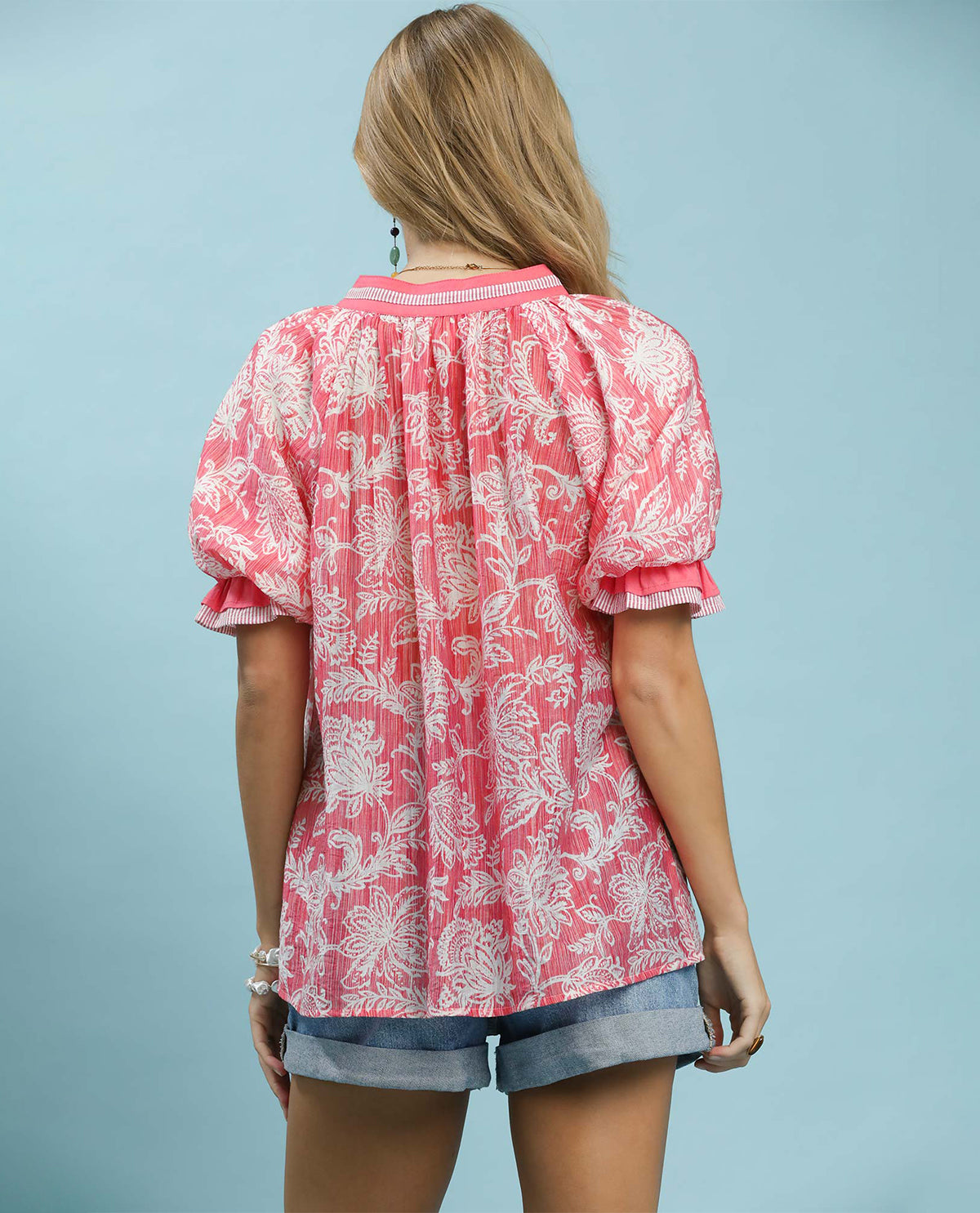 Umgee Floral Print Top With Solid Trim Berry