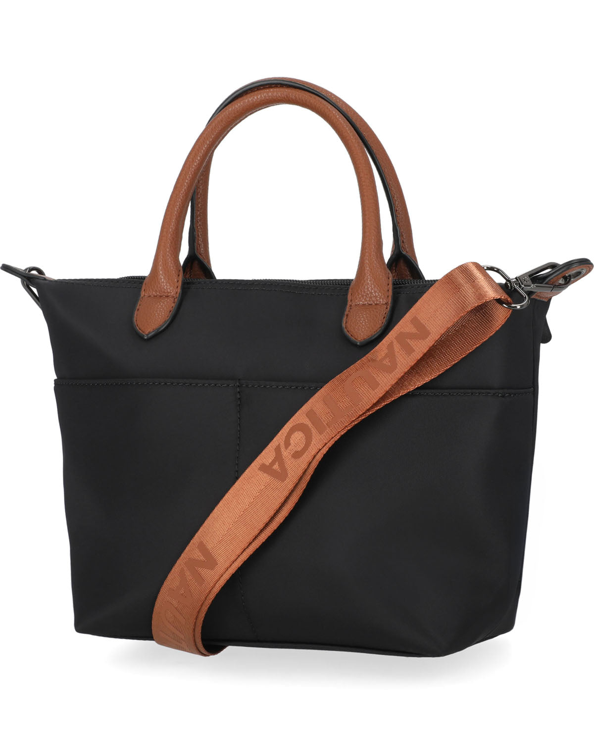 Black handbag with brown handles and strap on a white background