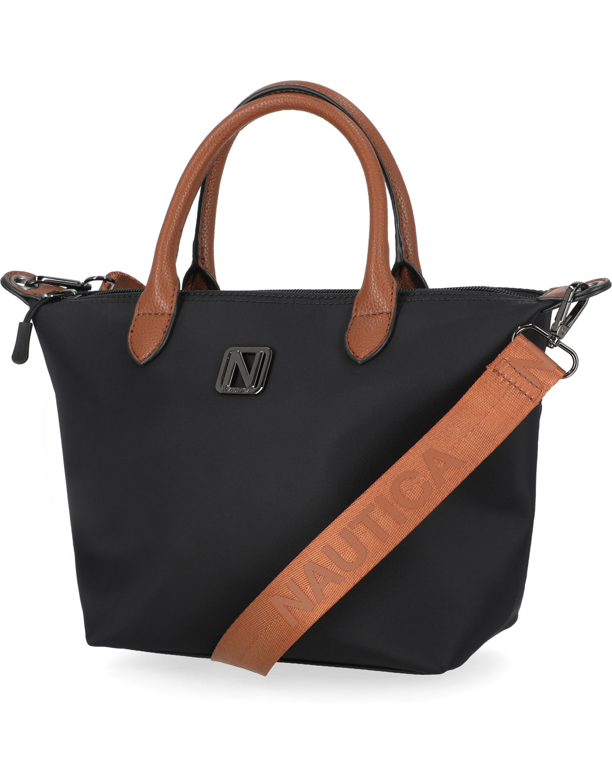 Black handbag with brown handles and strap on a white background