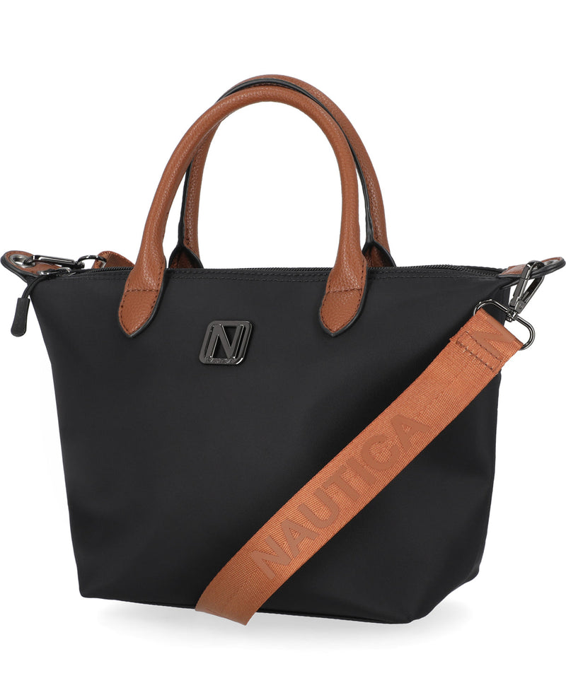 Black handbag with brown handles and strap on a white background