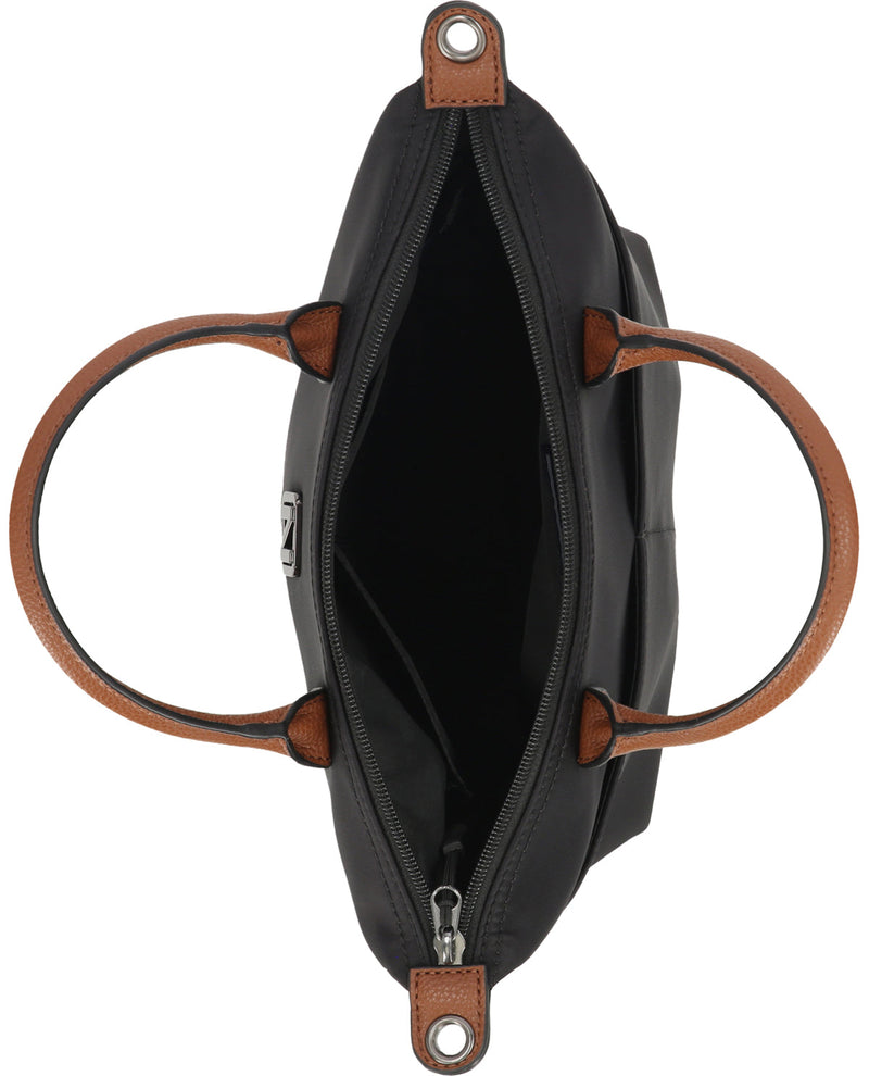 Black handbag with brown handles and trim on a white background