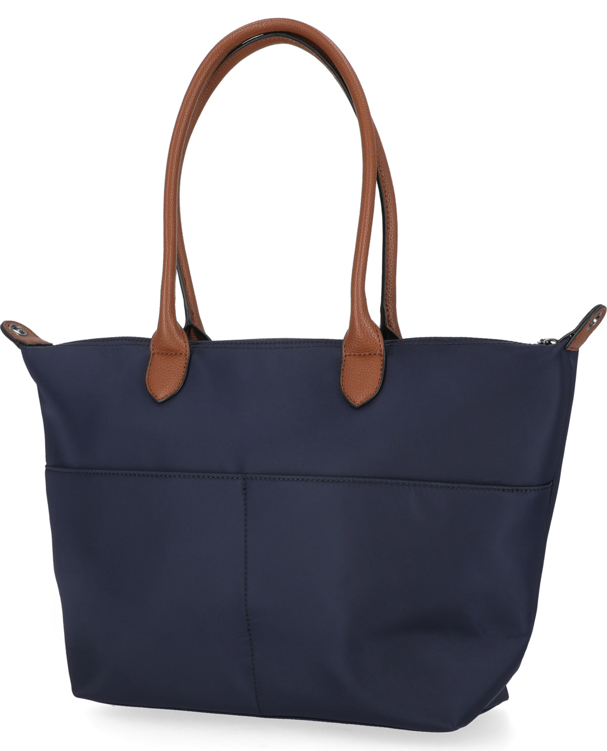 A navy blue tote bag with brown leather handles and trim, shown against a plain white background.
