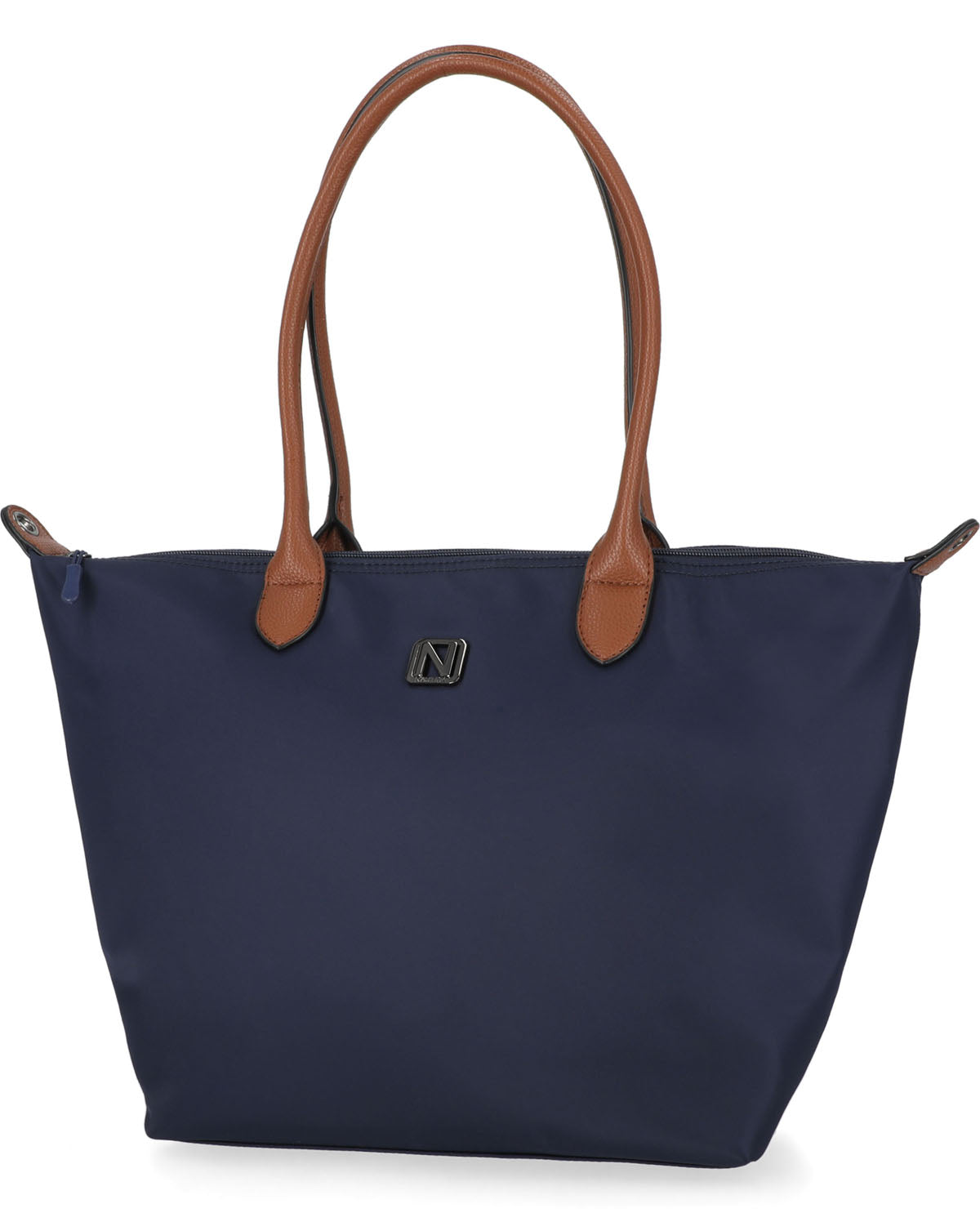 Navy tote bag with brown handles on a white background