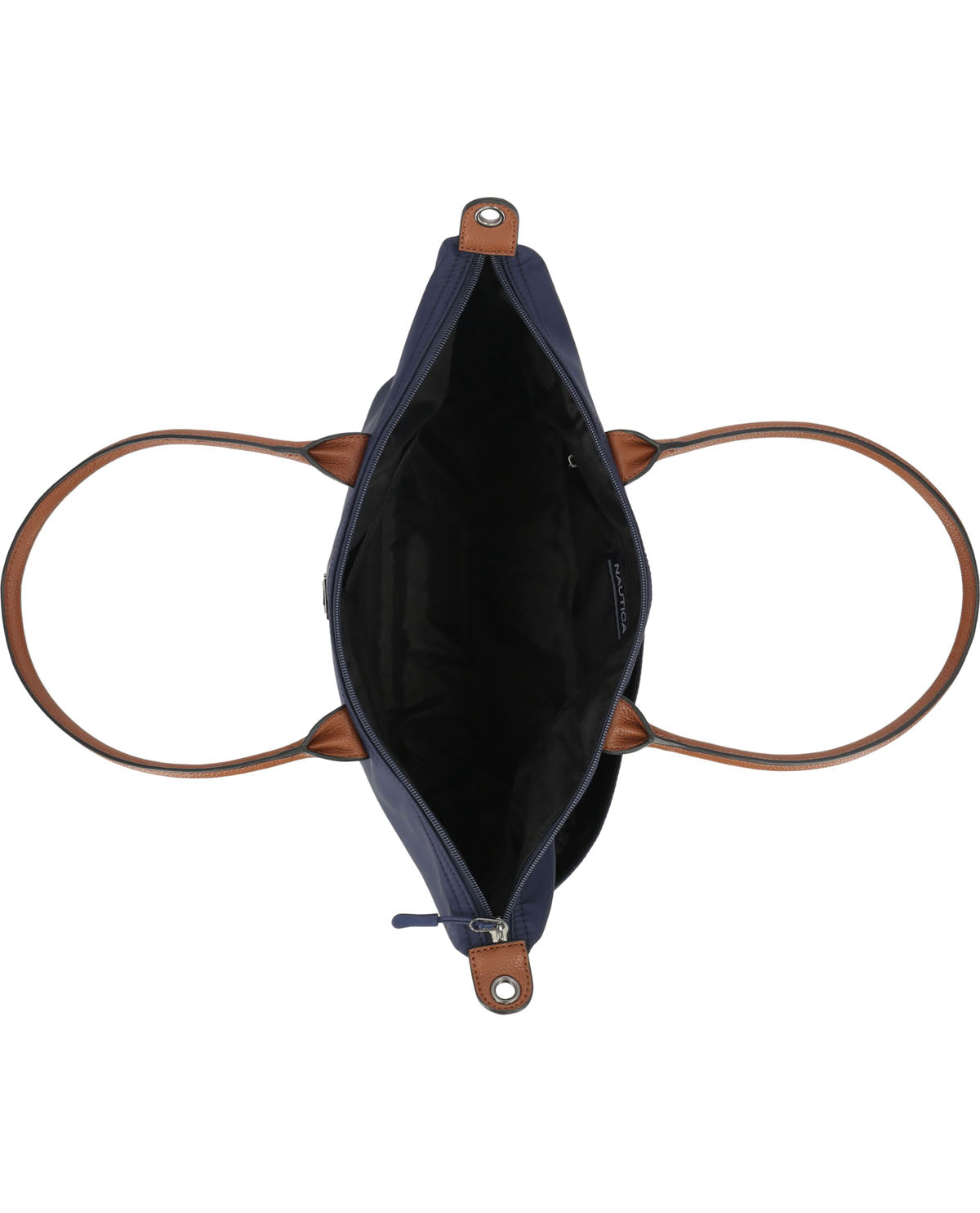 Navy blue bag with brown handles on a white background