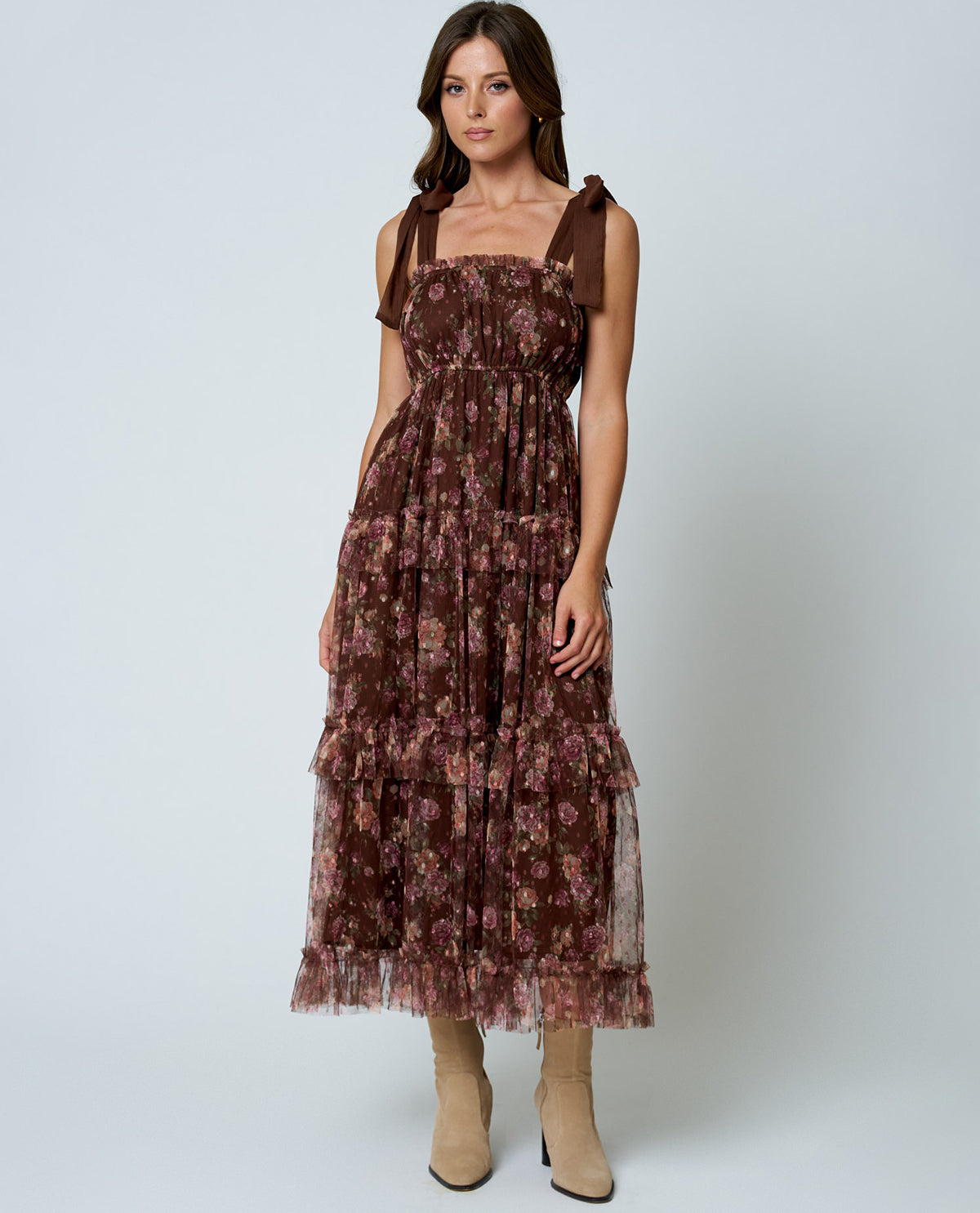 Blu Pepper Floral Mesh Tiered Dress With Ties Brown