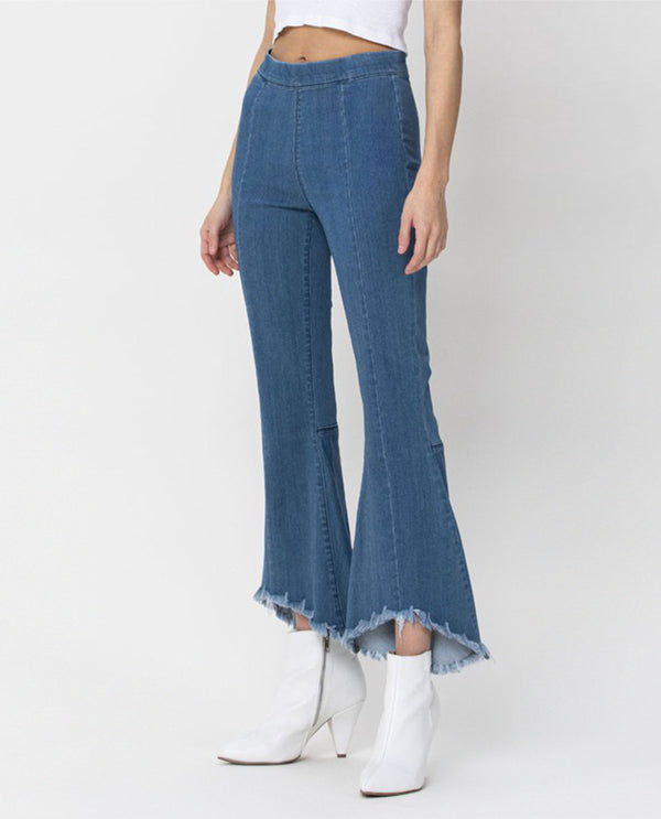 Cello High Rise Frayed Raw Edge Crop Flare Jeans