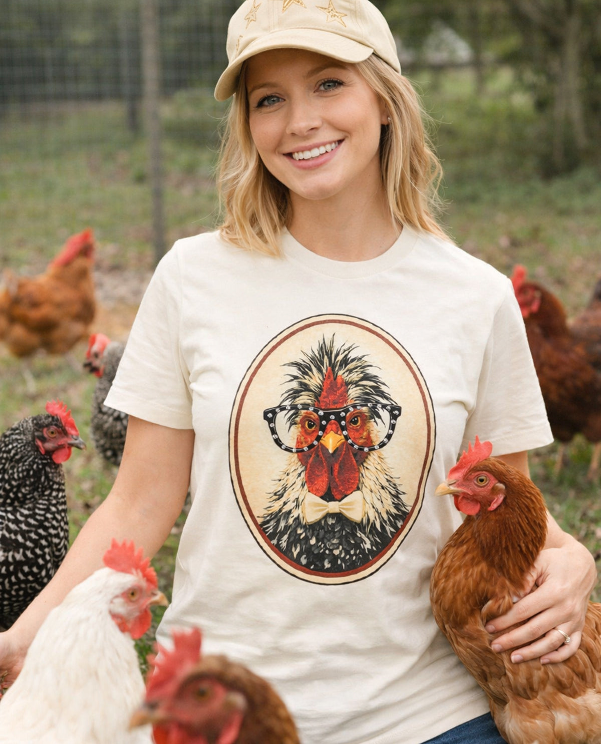 Sugar Stitch Chicken With Rhinestone Specs Short Sleeve Tee Off White