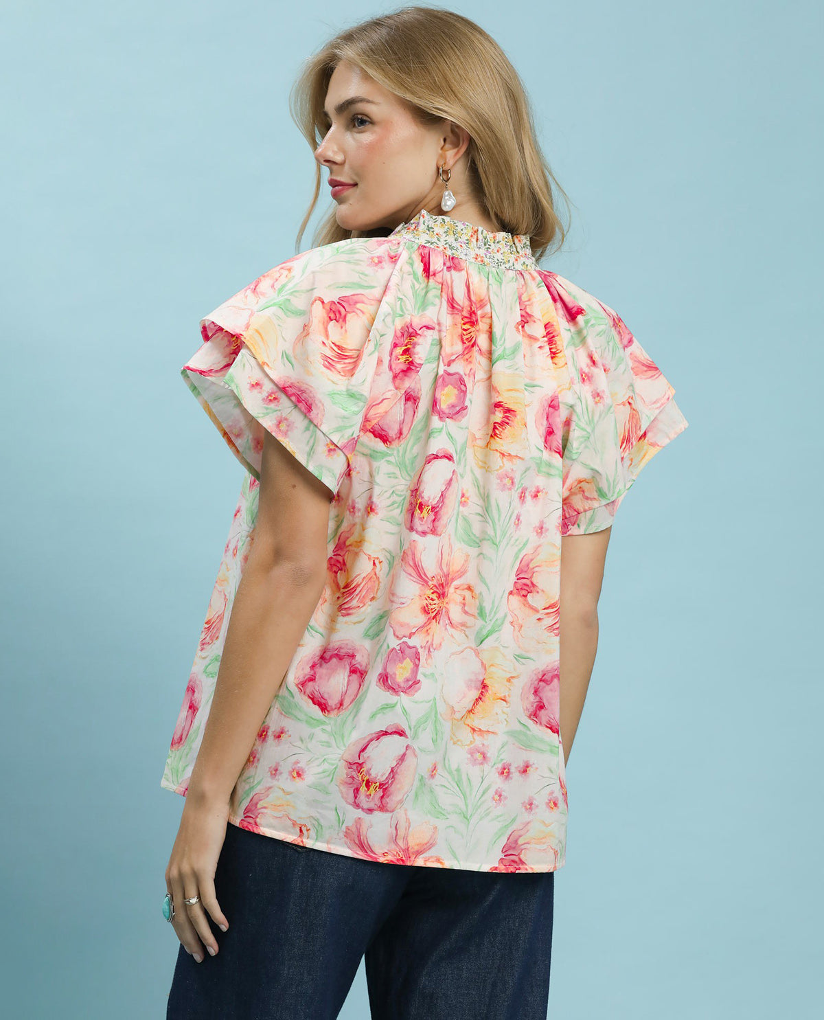 Umgee V-Neck Flutter Sleeve Mix Print Top Coral