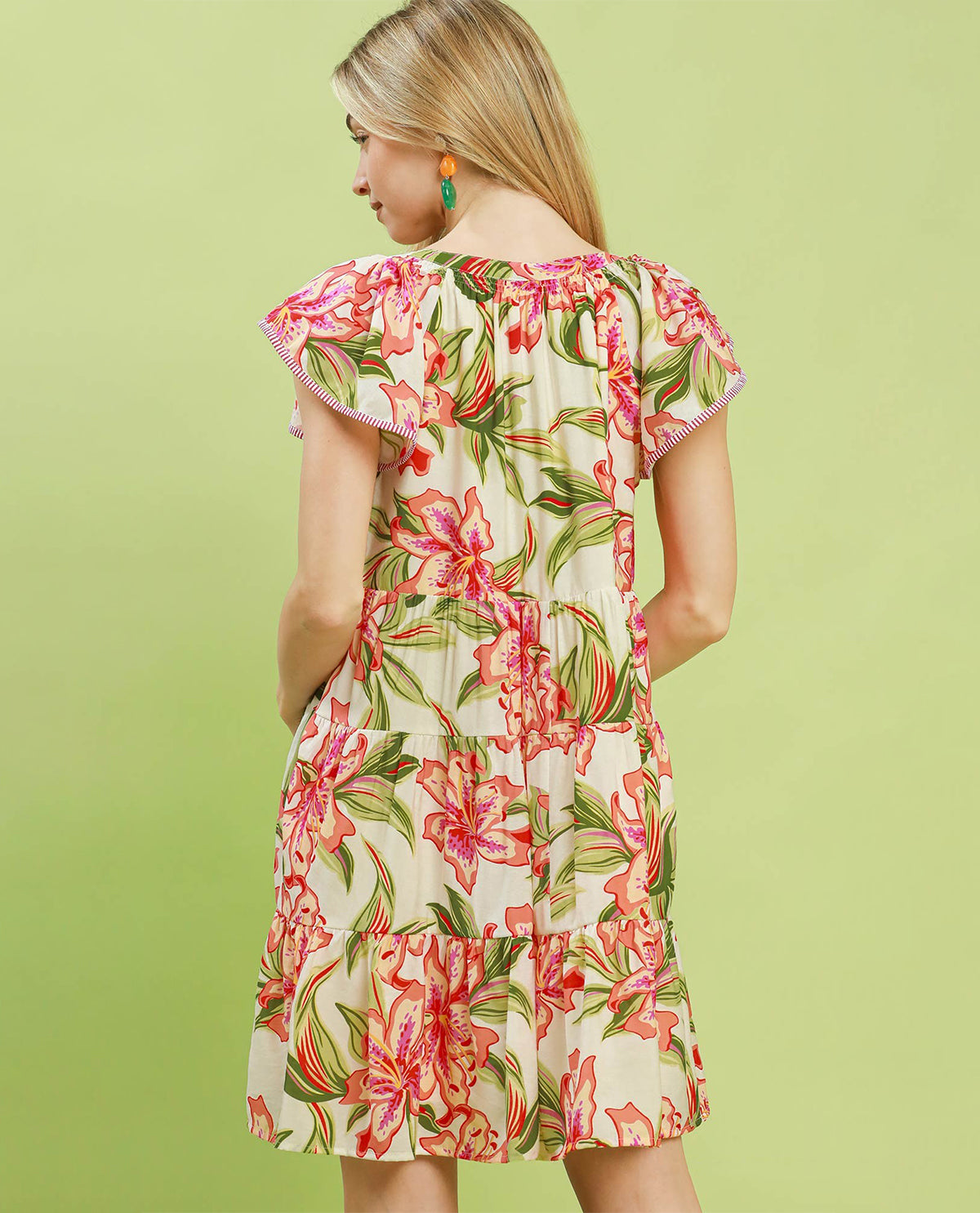 Umgee Floral Print Tiered Dress With Stripe Contrast Off White