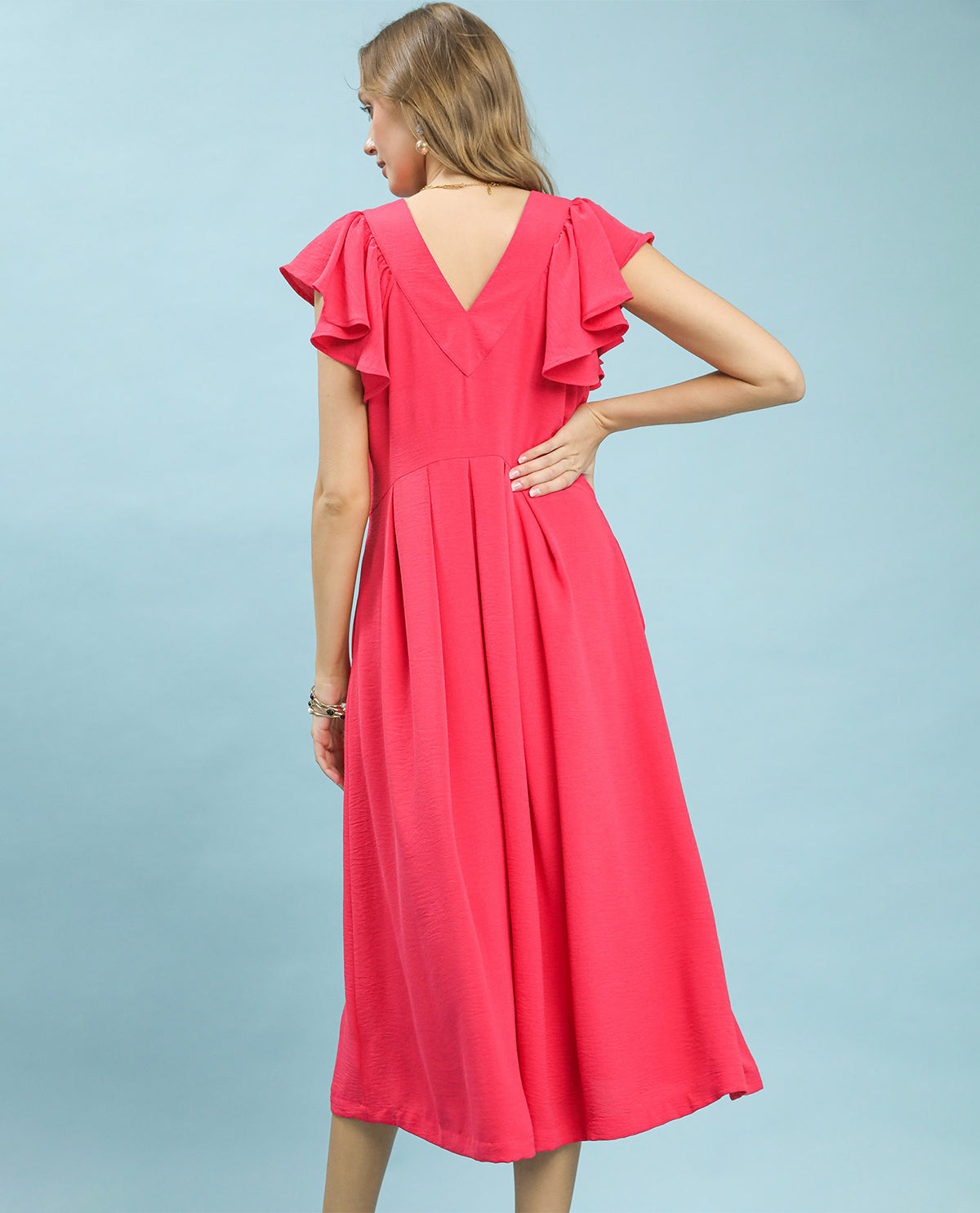 Umgee Solid V-Neck Ruffle Sleeve Dress Pink