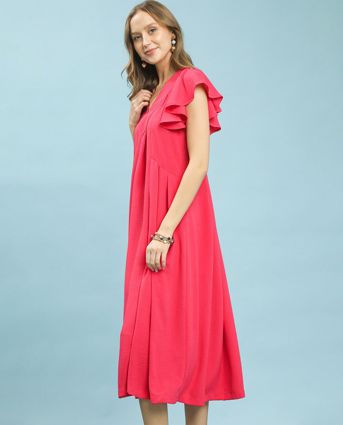 Umgee Solid V-Neck Ruffle Sleeve Dress Pink