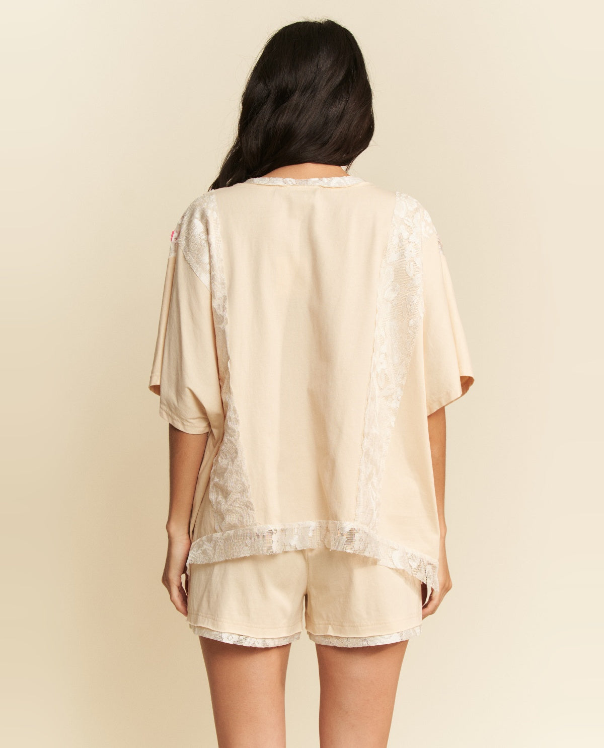 Davi & Dani V-Neck Thermal Top With Lace Beige
