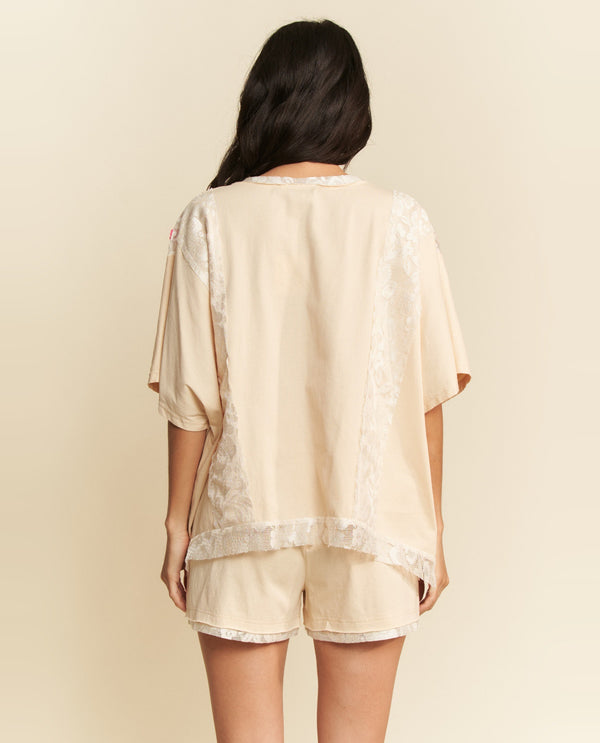 Davi & Dani V-Neck Thermal Top With Lace Beige