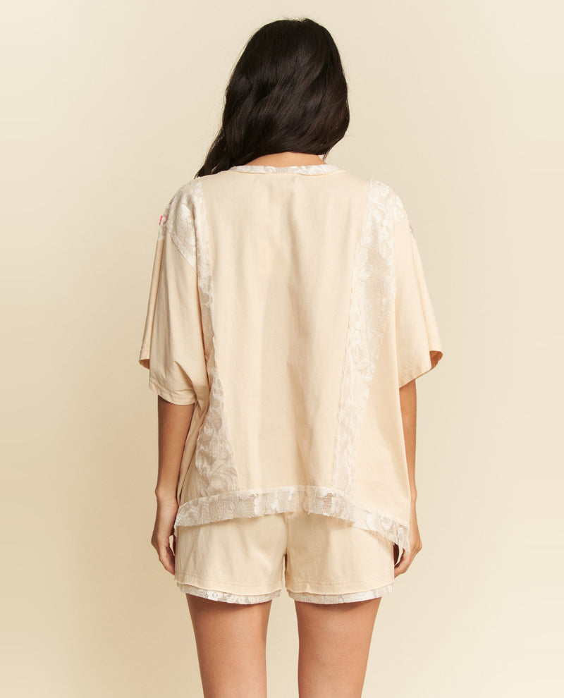 Davi & Dani V-Neck Thermal Top With Lace Beige