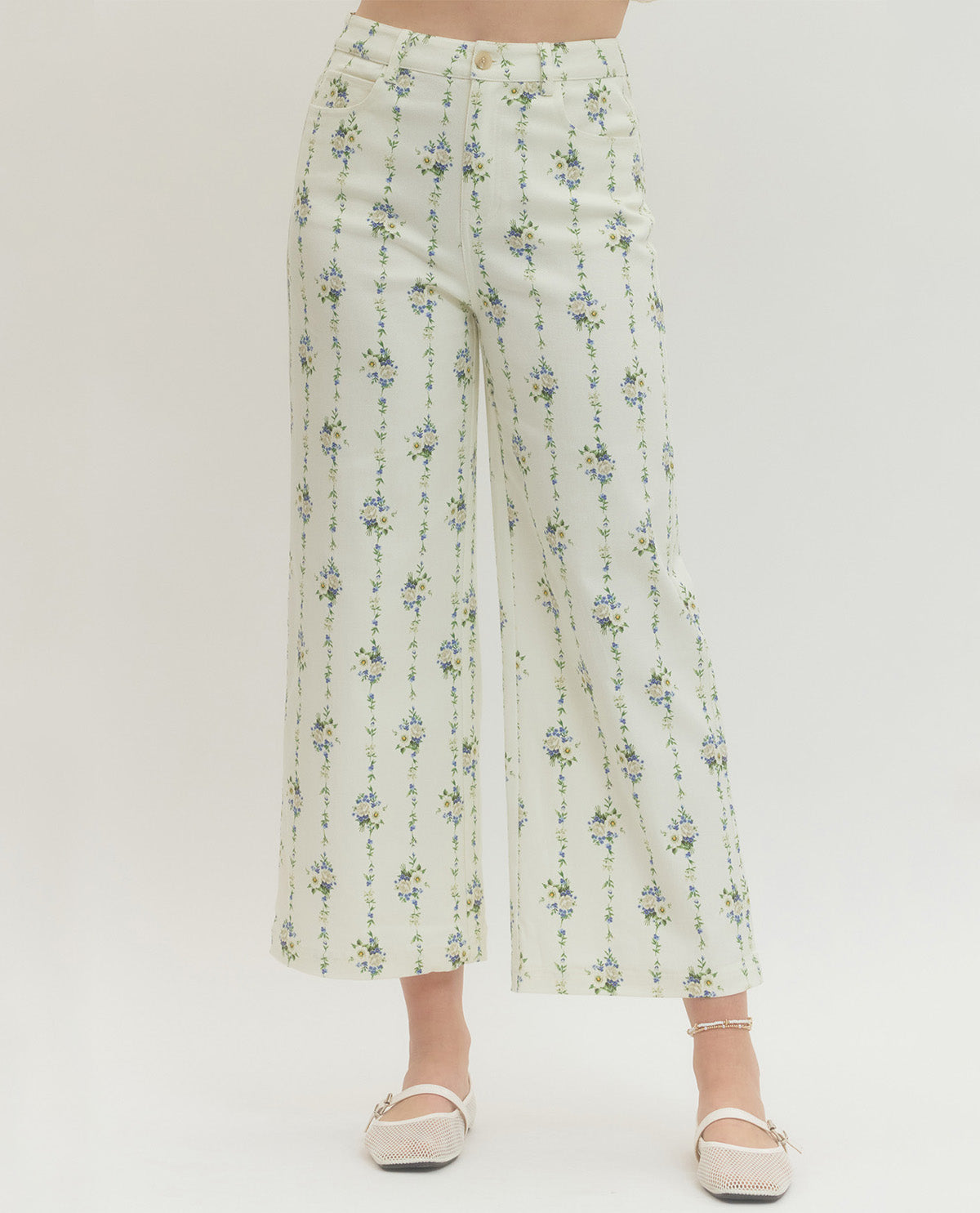 Floral-patterned pants on a white background