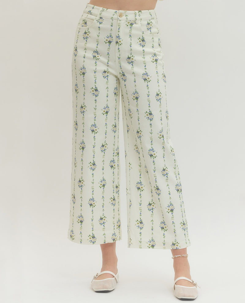 Floral-patterned pants on a white background