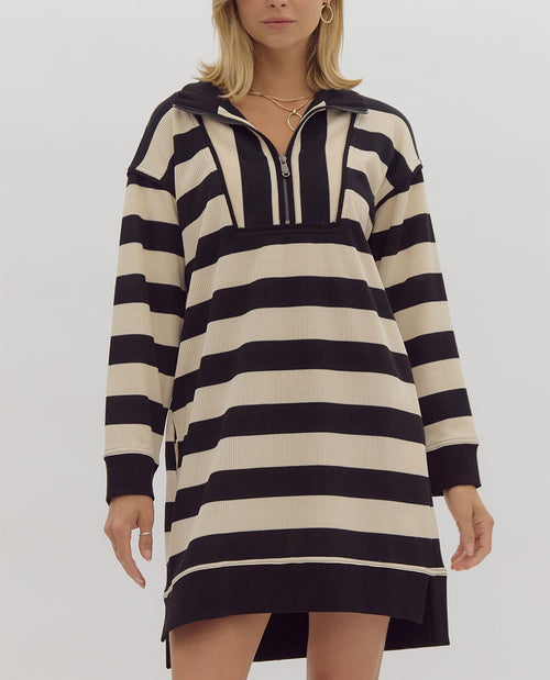 Long Sleeve Quarter Zip Striped Mini Dress