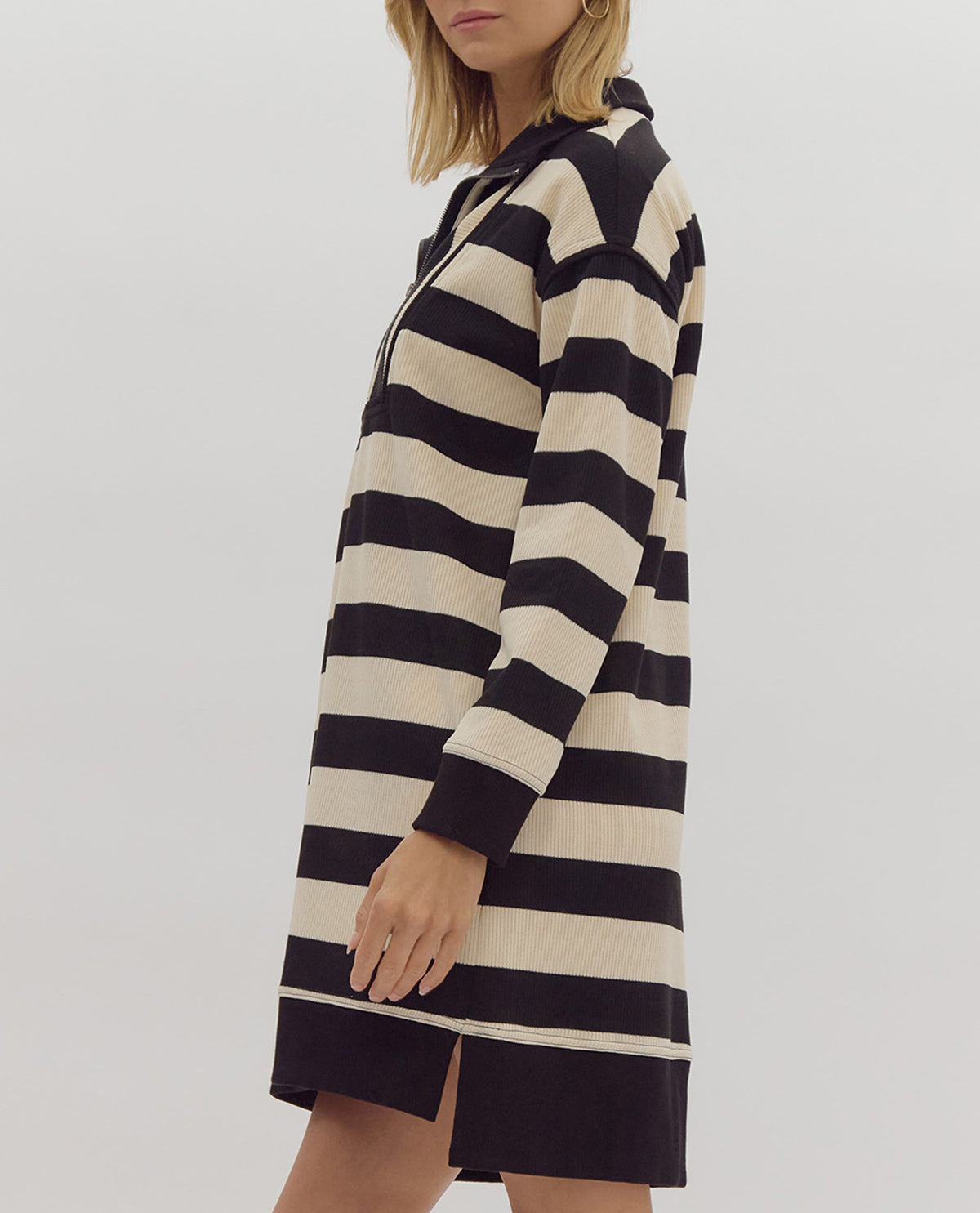 Long Sleeve Quarter Zip Striped Mini Dress