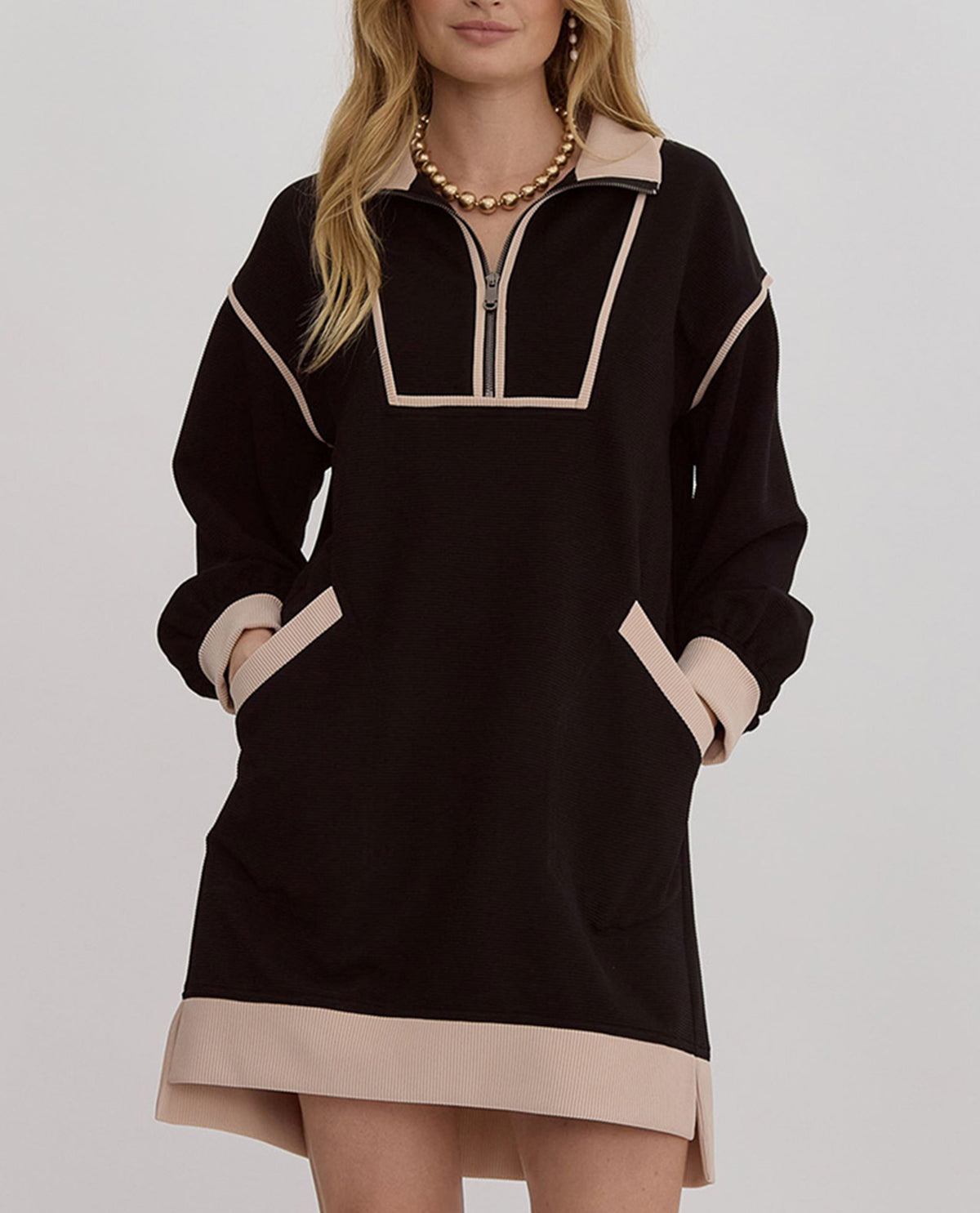 Long Sleeve Collared Quarter Zip Color Block Mini Dress