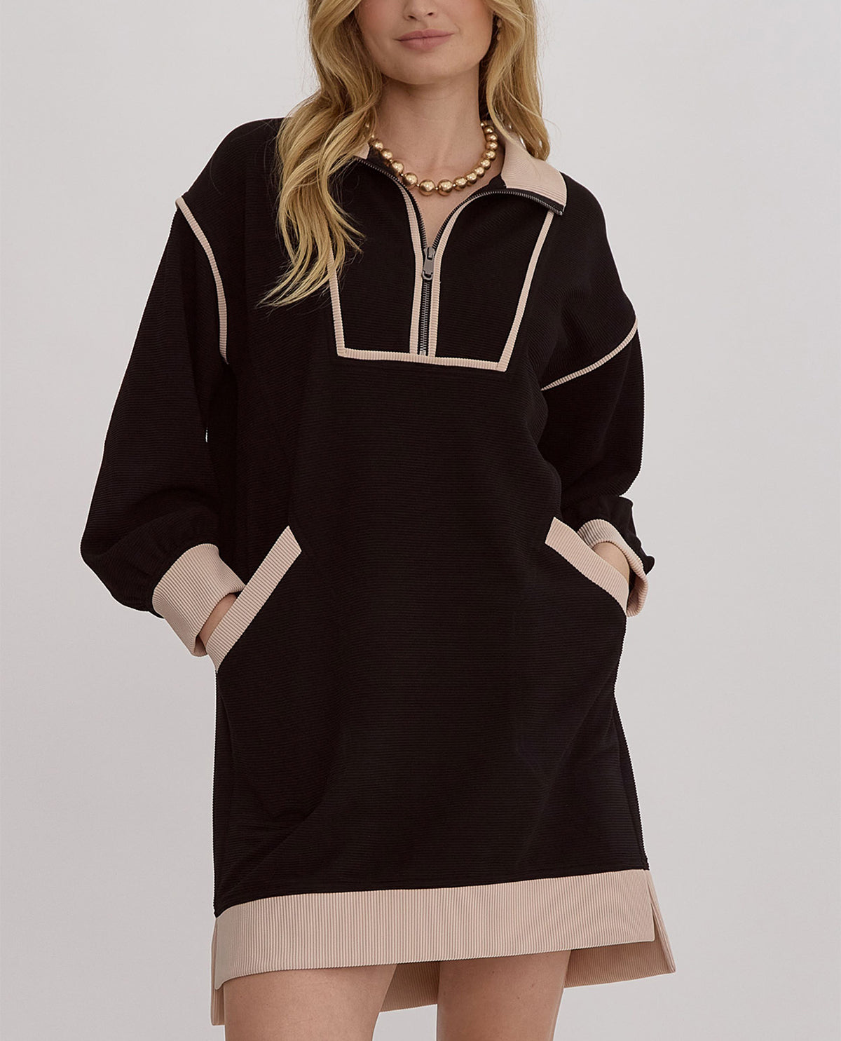 Long Sleeve Collared Quarter Zip Color Block Mini Dress