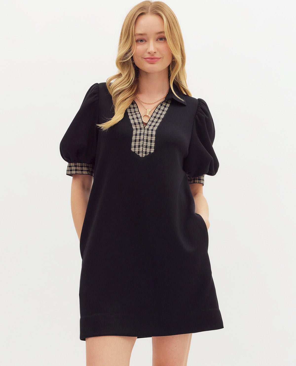 Entro Collar Dress with Plaid Trim Black