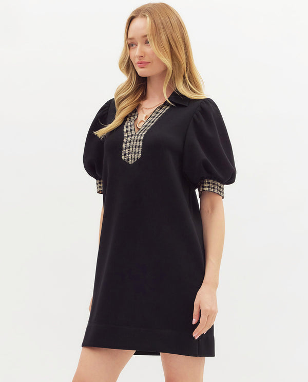 Entro Collar Dress with Plaid Trim Black