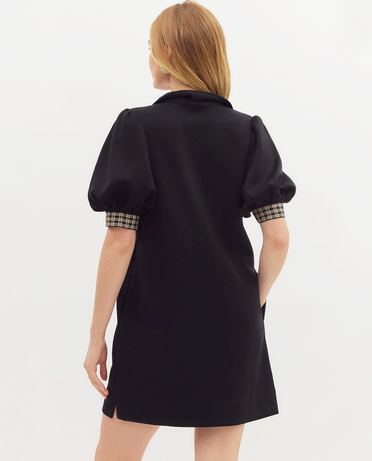 Entro Collar Dress with Plaid Trim Black