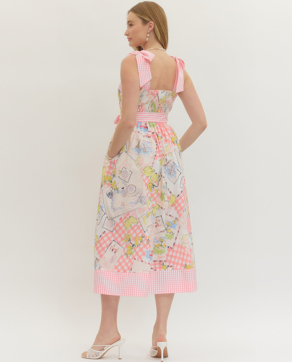 Entro Print Dress With Tie Straps And Waist Pink